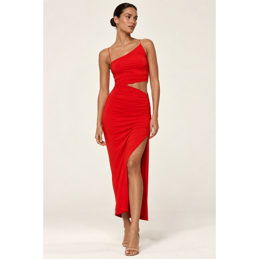 NWT Zara Red Asymmetrical Cut Out Dress S Ruched Side Slit HoCo Gala Prom
